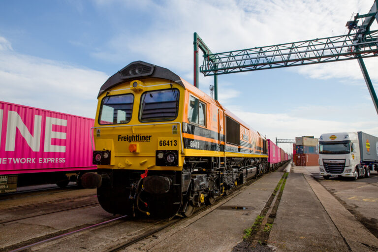Freightliner rail freight train at port
